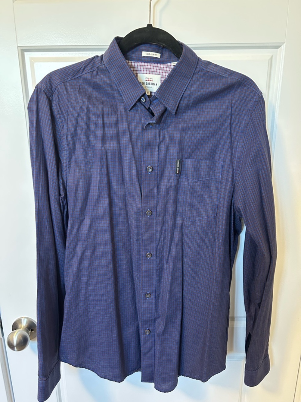 Ben Sherman Men's Long-Sleeve Dress Shirt in Navy with Subtle Pattern